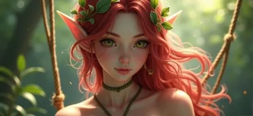 a beautiful woman wearing green and orange is shown,dryad,dryads,faery,faerie,elven flower,elven,elfin,background ivy,elven forest,fauns,faun,wood elf,naiad,elvish,male elf,elf,fantasy portrait,the en