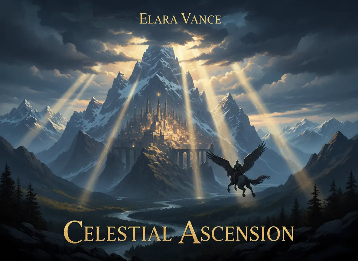 L'illustrazione di una copertina di un libro fantasy in cui brillanti raggi divini emanano dalle nuvole, generata usando il generatore di illuminazione AI di PromeAI.