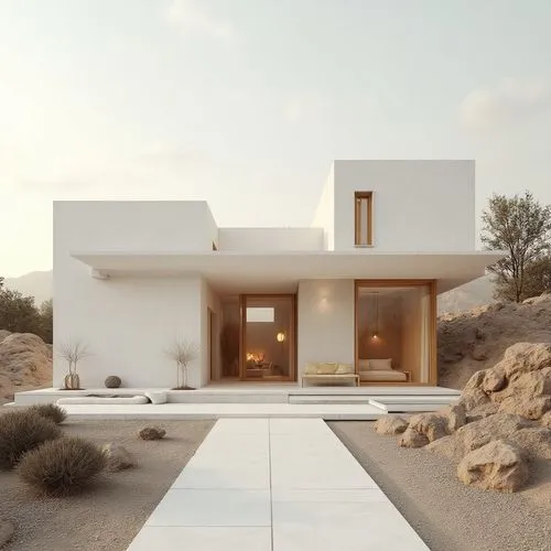 ,a white modern home sits on top of some hills,dunes house,modern house,3d rendering,render,cubic house,amanresorts,roof landscape,modern architecture,mahdavi,renders