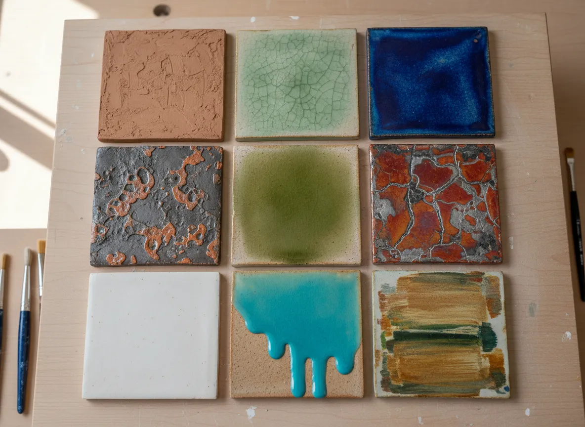 मैट मिट्टी के बर्तनों से लेकर चमकदार राकू तक, नौ अलग-अलग सिरेमिक ग्लेज शैलियों का एक ग्रिड, जो टूल की बहुमुखी प्रतिभा को दर्शाता है।