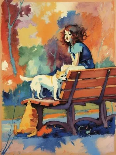 Девушка с собакой сидит на скамейке, закину нога на ногу,a woman sitting on a bench with two dogs,girl with dog,park bench,boy and dog,oil painting,border collie,dog and cat