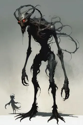 Game character design, full body,skinwalker,wendigo,skinwalkers,cnidus,devil's walkingstick,krampus,demongeot,ravager,revenants,skotnikov,concept art,yuggoth,illithid,crawler,ryuk,skitter,walker,path