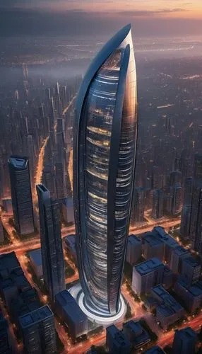 Flexible architecture, modern skyscraper, futuristic cityscape, sleek metallic structure, curvaceous lines, reflective glass facade, LED lights embedded in walls, dynamic shapes, 3D modeling, urban ju