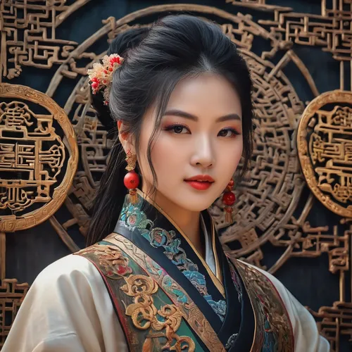 Help me create an avatar, the content includes traditional Chinese culture, Feng Shui, I Ching, Bagua, metaphysics, etc.; the style is required to be simple and abstract,mulan,oriental princess,inner 