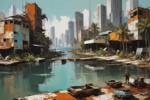  Game Scene, Wild angle view  Game Scene, Wild angle view a beautiful utopia  futuristic city, on the lake shore, modern buildings and some palms on the shore. In the foreground we can see a  poor mar