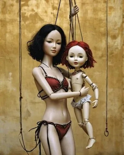 two dolls in the shape of people are posing,primitive dolls,marionette,rubber doll,wooden doll,porcelain dolls,female doll,straw doll,dolls,string puppet,puppetry,voodoo doll,cloth doll,a voodoo doll,