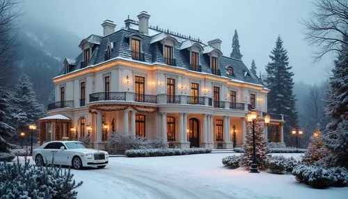 Snow-covered luxury mansion in a French neoclassical style, surrounded by a serene winter landscape. The mansion features a light cream facade with intricate columns, ornate moldings, and tall arched 