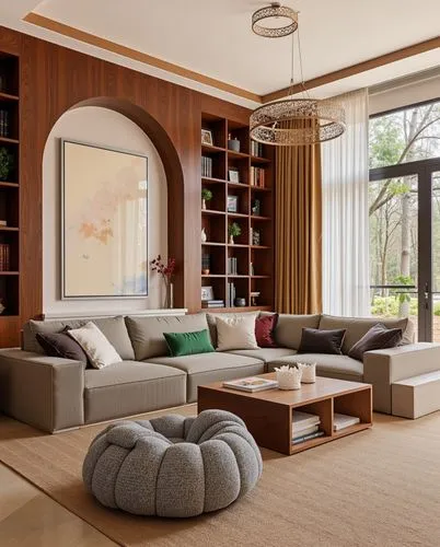 A cozy study with a modern rustic vibe, featuring warm wood paneling, a grey L-shaped couch, a centered wooden coffee table, and an arched bookshelf wall.,the large sofa and ottoman are all in the sam