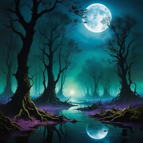 Um pântano surreal iluminado pela luz fraca da lua cheia, onde a névoa parece viva, fluindo como correntes etéreas entre árvores deformadas. As águas escuras refletem formas distorcidas, como se o pró