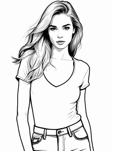a girl in a short sleeved shirt is posing,fashion vector,rotoscoped,annabeth,coloring page,coreldraw,line art,Design Sketch,Design Sketch,Rough Outline