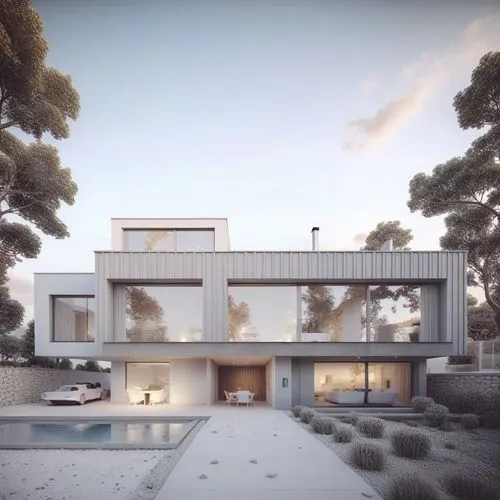 a large house has white walls and is surrounded by greenery,mid century house,modern house,dunes house,mid century modern,cantilevers,cubic house,cube house,render,modern architecture,residential hous