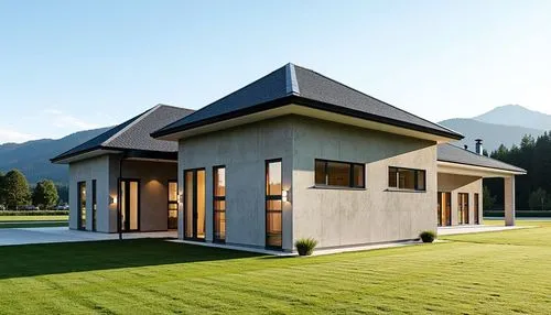 a modern contemporary  house,a house is surrounded by lush green grass,modern house,house in the mountains,cubic house,house in mountains,timber house,folding roof,chalet,turf roof,frame house,residen