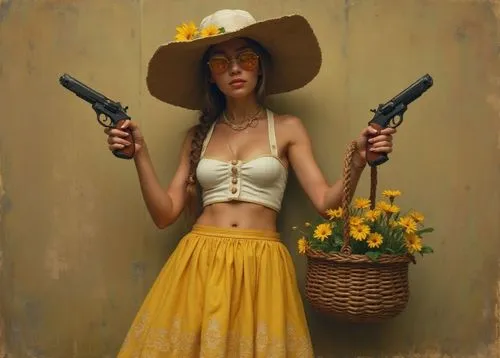 A short, in a straw hat with yellow flowers on her eyes, sunglasses, a long yellow and white old-fashioned summer dress with flowers, a basket with yellow flowers 
in her hands. On her feet are simple