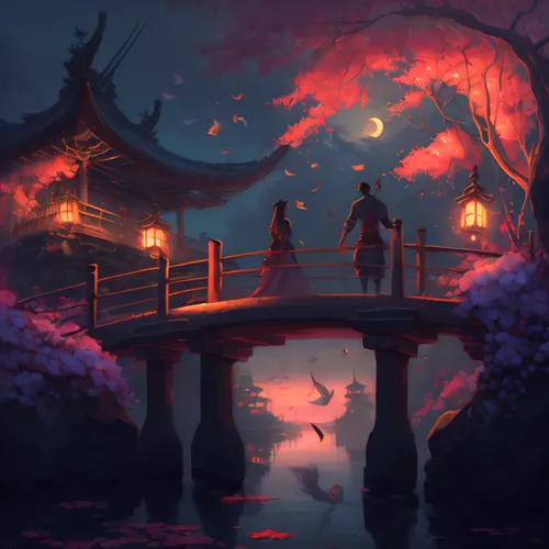 mid-autumn festival,dragon bridge,fantasy landscape,lanterns,hangman's bridge,fantasy picture,wooden bridge,japanese shrine,lantern,tsukemono,wishing well,world digital painting,game illustration,the 