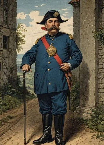 a 19th century engraving showing a  French rural gendarme,a painting of an officer in blue uniform,napoleon i,brigadier,commissariat,guardsman,commissar,commandant,yeoman,artilleryman,lieutenant,minut