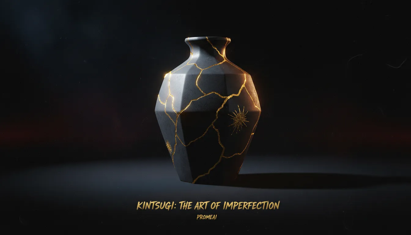 Un poster iperrealistico che mostra un vaso di ceramica scuro riparato con intricate linee d'oro, dimostrando lo stile Kintsugi creato con PromeAI.