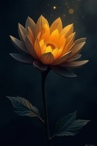 An ethereal, detailed digital illustration featuring a black flower with a dense layer of petals. The flower is a stunning focal point, its petals a swirl of vibrant yellow and orange, enveloped by a 