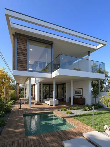 A modern two-story house with a contemporary design, featuring a large glass balcony on the upper level and a wooden deck on the lower level. the house is surrounded by a well-manicured lawn and a sma