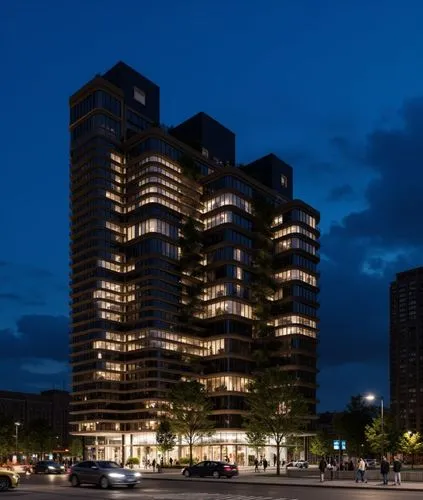 A rendering of a modern, multi-story building at night. the building, located in the middle of the image, is a large, rectangular structure with multiple floors and large windows that allow natural li