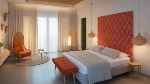 a bedroom with white bedding, orange and gray furnishings and walls and windows,modern room,modern decor