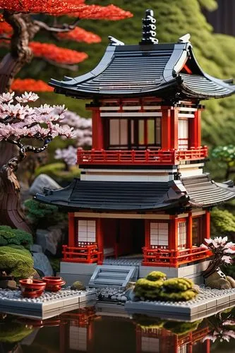 Japanese-style Lego architecture, traditional pagoda, intricately designed roof tiles, vermilion red walls, white lanterns, sliding doors made of wood, bonsai trees, cherry blossoms, tranquil garden, 