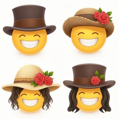 Four yellow circular emojis with large white smiles and visible upper teeth are arranged in a two-by-two grid. The top left emoji wears a dark brown top hat with a lighter brown band. The hat has a wi