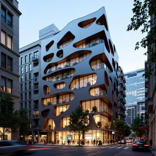 Deconstructed building facade, fragmented forms, irregular shapes, unconventional structures, abstract geometries, clashing materials, vibrant color contrasts, distorted reflections, dynamic lighting 