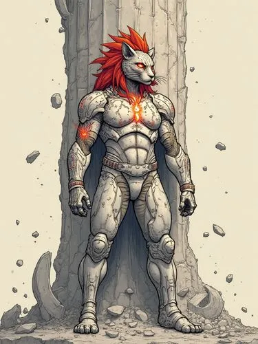 "Visualize the epic moment when a fearsome warrior, standing tall before a shattered pillar, exudes a divine presence in a world that echoes ancient grandeur. The scene unfolds in a land of monumental