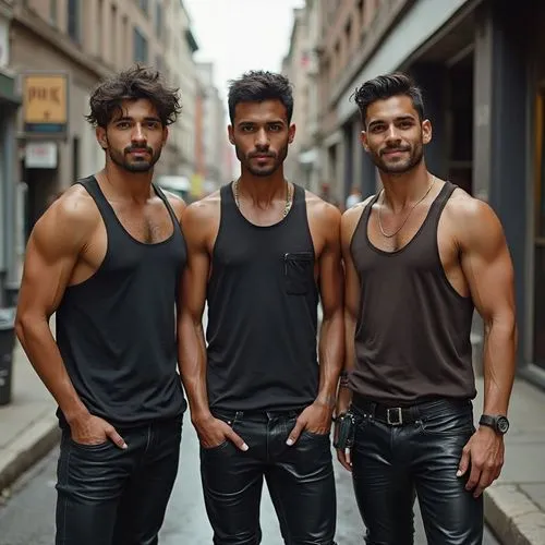 a handsome muscular Brazilian American man and his brothers in Boston wearing tank tops and leather pants, 30 and 27, 25 years old,Brazilian American brothers in Boston ,hunks,black models,trio,plainc