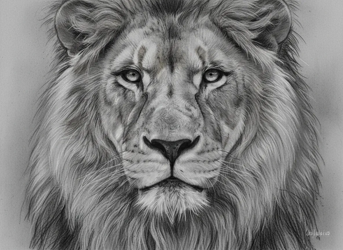 Primo piano di uno Schizzo a Carboncino AI di un leone, che evidenzia la complessa texture della pelliccia e gli effetti di sfumatura.