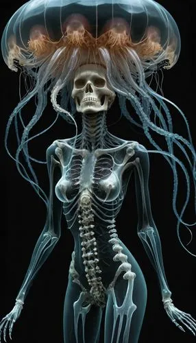 translucent skeletal flowerhead woman, jellyfish, black background, xray,Jelly,medusahead,neomordellistena,mermaid skeleton,medusae,medullary,skeletal