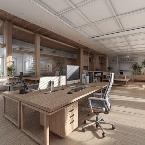 一个办公室,modern office,3d rendering,working space,wooden desk,office desk,offices,creative office,secretary desk,render,loft,search interior solutions,daylighting,blur office background,desk,3d rendered,