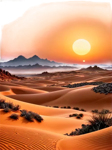 Sunset sky, vast desert, sandy dunes, rocky formations, misty fog, soft focus, warm color tone, cinematic lighting, panoramic view, low angle shot, atmospheric perspective, natural scenery, realistic 