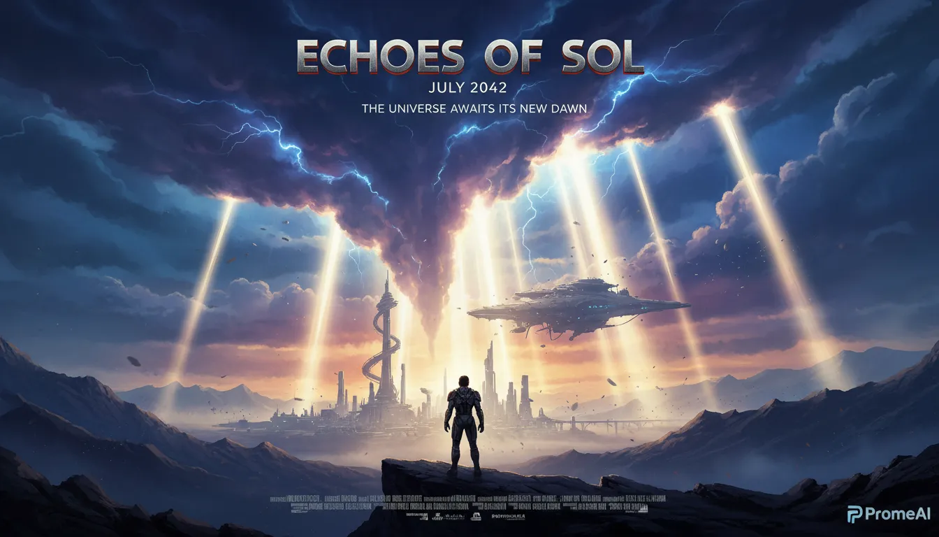 PromeAI से बनाया गया एक नाटकीय साइंस-फिक्शन मूवी पोस्टर, जिसमें एक अकेले व्यक्ति को काले बादलों को चीरती हुई शक्तिशाली God Rays से रोशन दिखाया गया है।