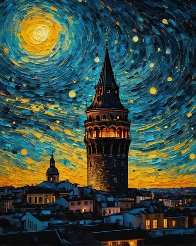 beautiful and fantastically designed silhouette of galata tower due to gravitational waves, high quality, beautifully designed wavelengths, dynamic engagement, rich textures, modern-classical fusion, 