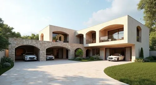 A photorealistic rendering of a luxurious and rustical (south France style) residential villa with an area of approximately 140 square meters. The residence is constructed entirely of hempcrete and fe