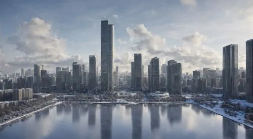 a wintery view of a lake in front of tall buildings,songdo,chengdu,shenzen,tianjin,guangzhou,chengyi,Season,Winter