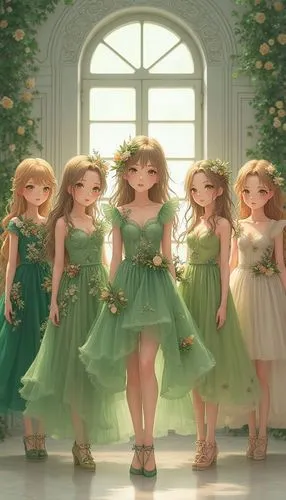 Image is a fashion editorial photograph featuring five young girls in an elegant indoor setting. The style is high fashion with a focus on intricate, nature-inspired designs. The layout is symmetrical