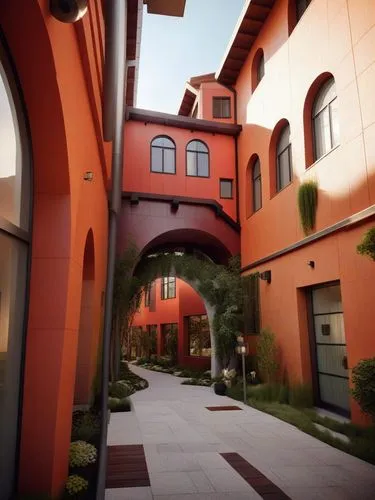 the view is looking down an entrance way to a building,prefabricated buildings,apartment complex,beautiful buildings,townhouses,luxury property,prefabs
