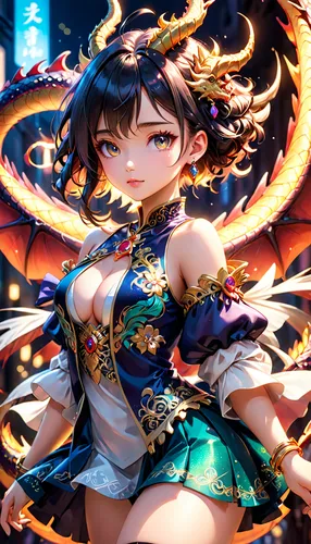 Kyoto Animation stylized anime mixed with tradition Chinese artworks~ A dragon flying at modern cyberpunk fantasy world. Cinematic Lighting, ethereal light, intricate details, extremely detailed, incr