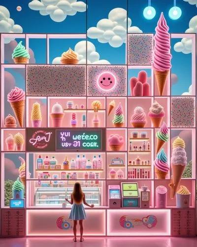 there is a ice cream display with two girls in front of it,ice cream shop,ice cream icons,ice cream parlor,ice cream stand,candy shop,soda shop,candy store,bakeshop,doll kitchen,cake shop,cupcake back