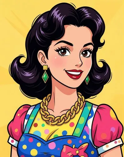 Create a high-quality Ghibli-style illustration featuring a vibrant, dynamic female character with a classic Barbie doll hairstyle and outfit, styled in a retro 1950s aesthetic. Focus on the facial fe