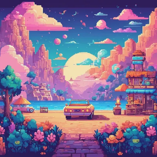 Create an aesthetic-themed wallpaper with pastel colors.,retro background,3d car wallpaper,pixel art,retro car,retro styled,retro music,retro vehicle,oasis,futuristic landscape,dream world,80's design