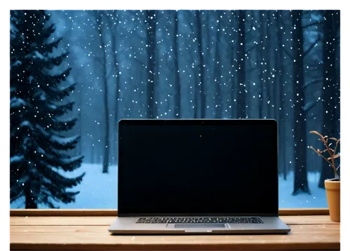 winter scene, snowflakes falling, close-up, HD video, screen glow, downloading progress bar, laptop, wooden desk, cozy room, warm lighting, shallow depth of field, cinematic composition.,a laptop comp