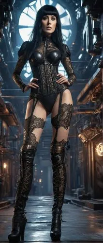 a woman in a short outfit posing on a runway,domino,dark angel,goth woman,mistress,cabaret,huntress,veronica,black widow,bad girl,black queen,piper,zetas,hard woman,game character,female doll,policewo