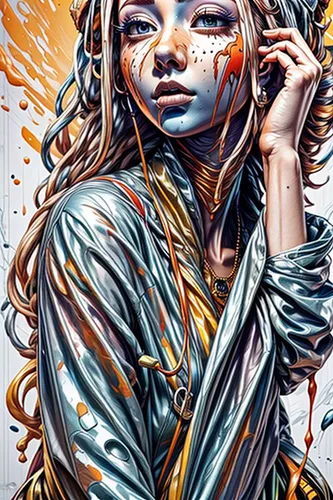 a lady with makeup and painted body art,gold paint stroke,gold leaf,glass painting,art painting,bohemian art,gold paint strokes,tears bronze,paint splatter,painted lady,effect pop art,digital art,pain