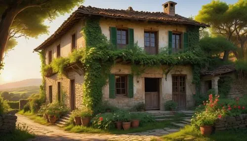 Rural scenery, traditional agricultural architecture, old wooden farmhouse, tile roof, overgrown with vines, rusty metal door, stone walls, green shutters, blooming flowers in planters, lanterns hangi