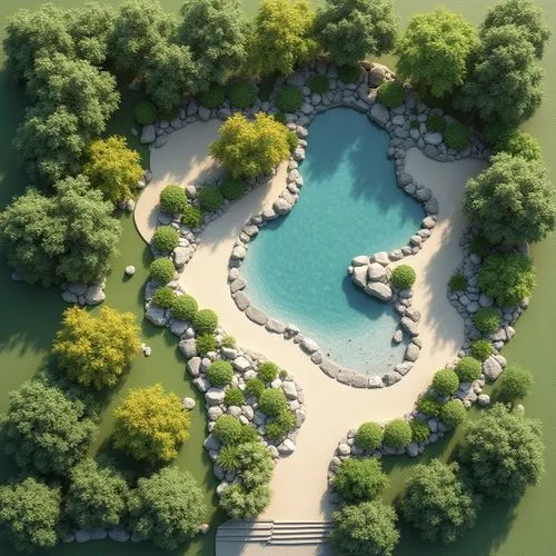 A top-down landscape plan that integrates calmness and safety, featuring 50% open space, 60% of the area covered by water features, and 80% greenery coverage. The design includes a slightly curved pat