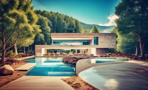 glass bricks tiles garden sunlight blue sky landscape people lake trees park hotel forest mountains summer,an abstract image of an outside pool, and with a house behind it,pool house,mid century house