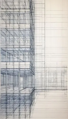 Architectural drawing, grid lines, precise ruler-drawn, 1mm spacing, blueprints, technical pens, subtle shading, faint eraser marks, A4 paper size, horizontal and vertical axes, right-angled corners, 